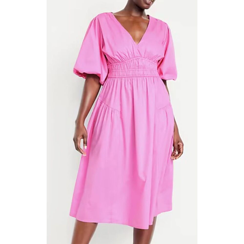 Old Navy Pink Puff Sleeve Waist Defined Midi Dress Cotton Size Large